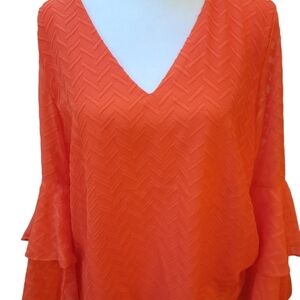 Vince Camuto Boho Orange V-Neck Lined  Blouse Ruffle Sleeves